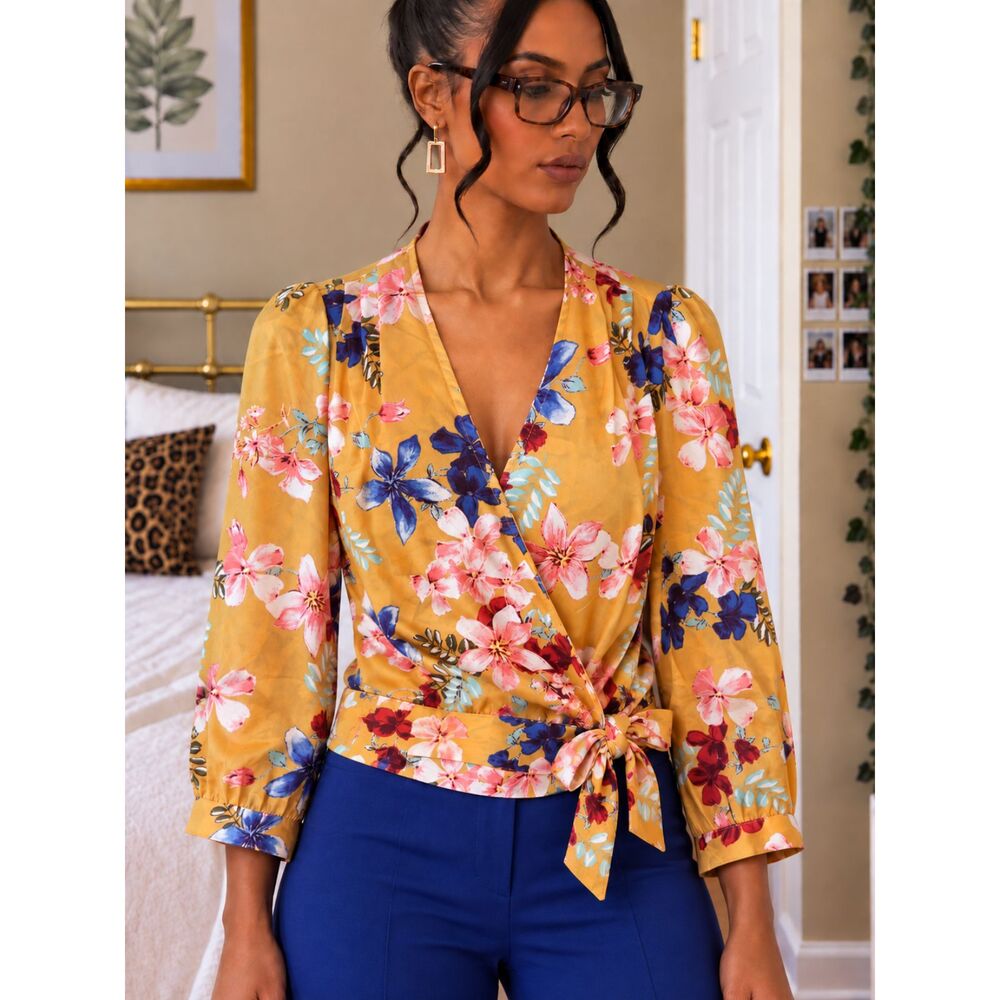 Japna Womens Size L Mustard Floral Wrap Blouse V-Neck Tie Front Romantic Boho